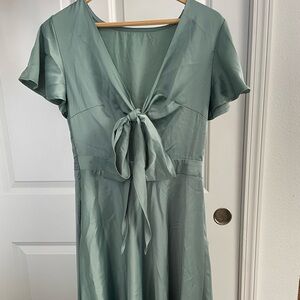 Vintage 40s-Style Sage Green Satin High-Low Dress with Unique Cutout and Bow M-L